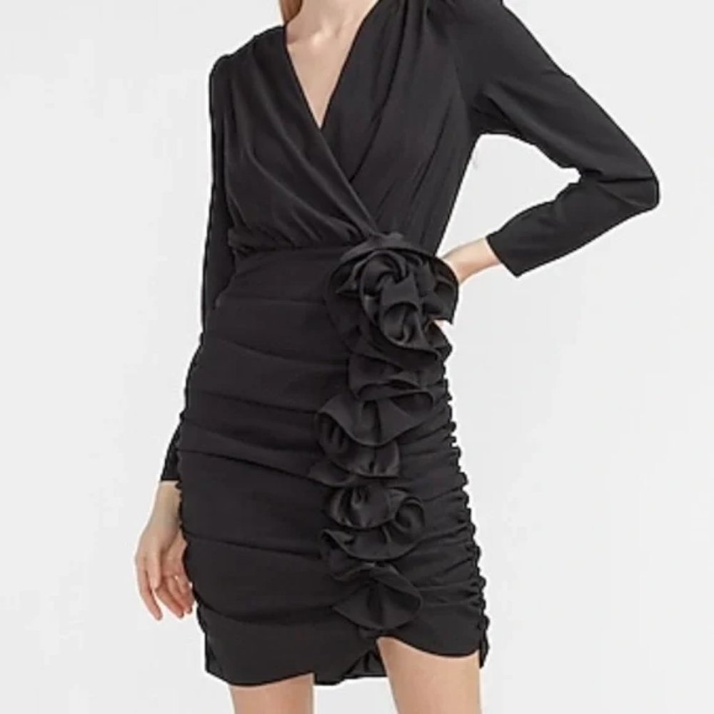 Express Black Ruched Ruffle Wrap Mini Dress Sz XS - NWT